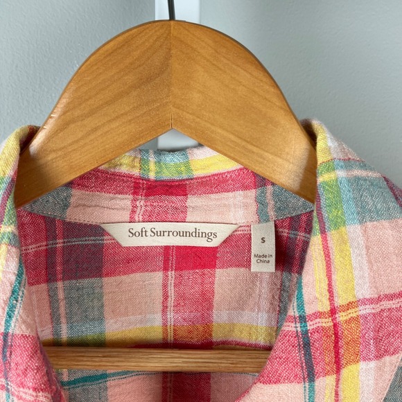 Soft Surroundings Shirt Top Womens‎ Small Pink Plaid 100% Linen Roll Tab Sleeve - Picture 7 of 7